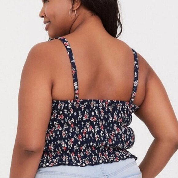 Torrid Size 1 Challis Navy Ditzy Floral Smocked Crop Tank Top Cami Cottagecore - Picture 3 of 7